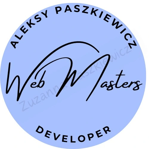 Koło z tłem o kolorze niebieskim. Na samej górze napis Aleksy Paszkiewicz. Po środku napis WebMasters. Na samym dole napis Developer.